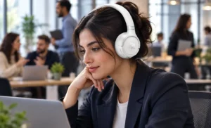 زن با هدفون سفید در حال کار با لپ‌تاپ در دفتر شلوغ