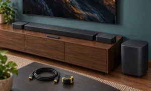 ساندبار و ساب‌ووفر کنار کابل HDMI و متر برای نصب